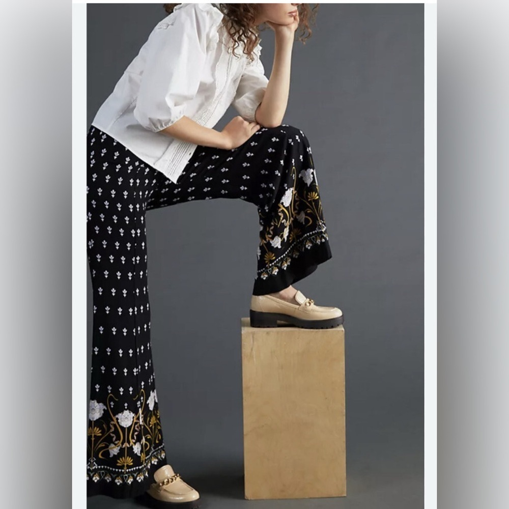 Anthropologie wide leg pants Black with floral accent size 4 - Picture 2 of 15